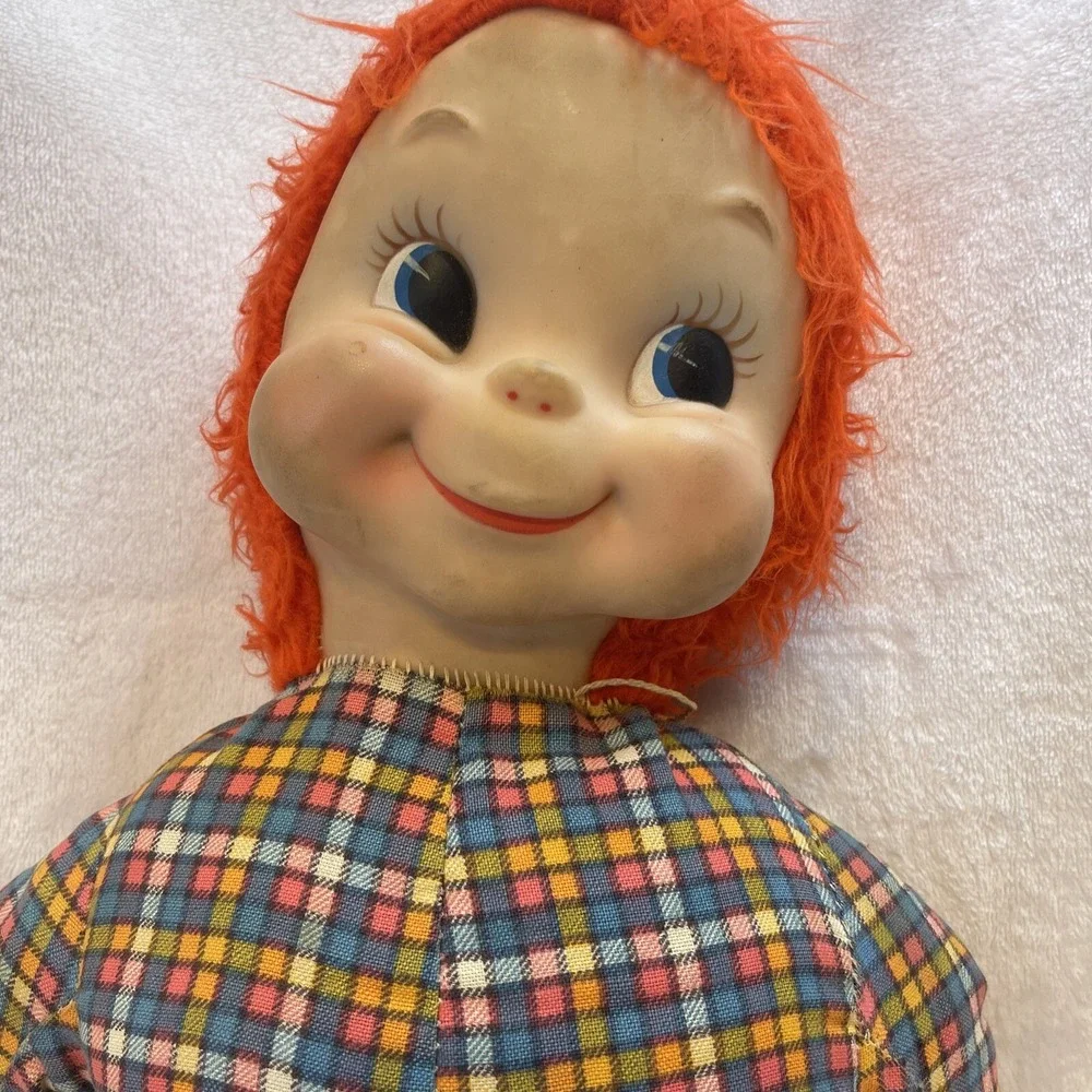Vintage Large Plush‎ Doll Boy Red Hair Plaid Shirt Red & White Check Pants Rare